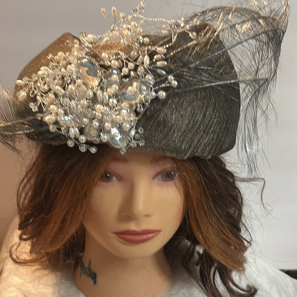 Mr. D Gray Beret Hat with Flower Rhinestones and Feather Trim - Picture 2 of 9